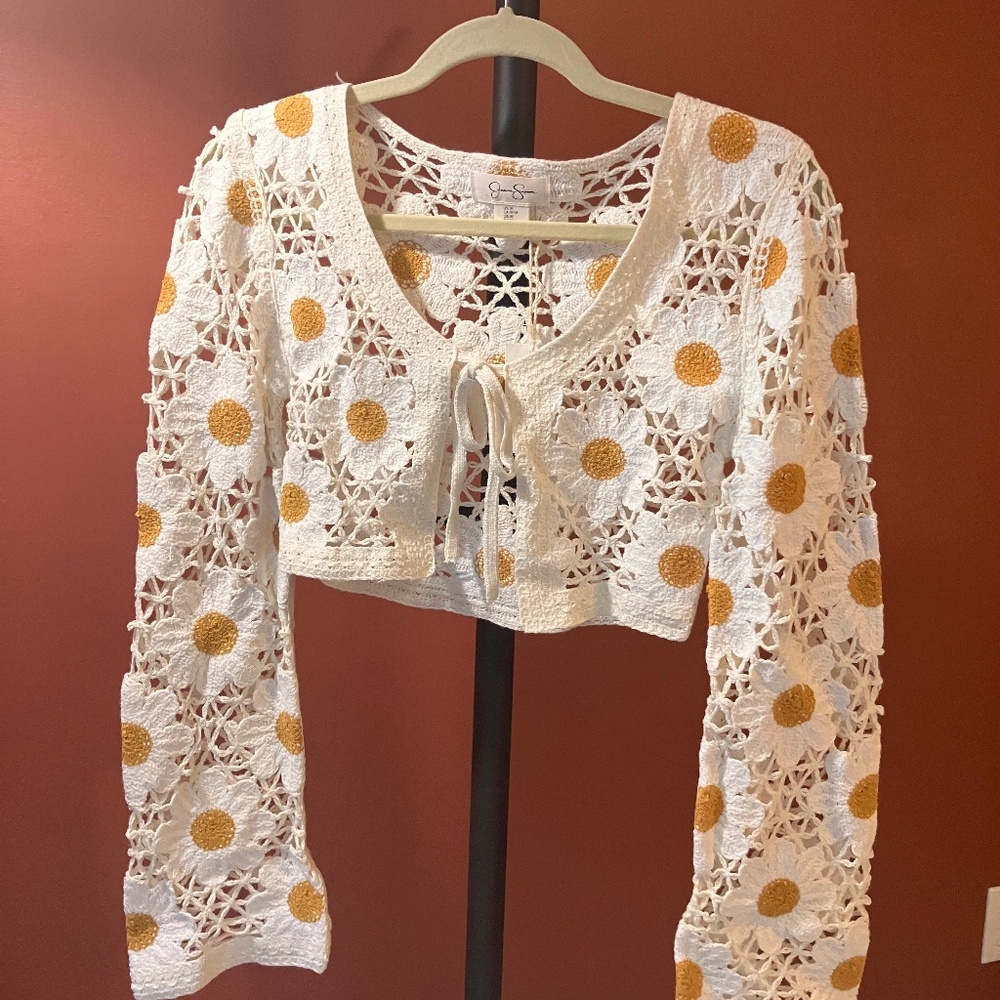 Jessica Simpson crochet crop sunflower pattern sweater, size M